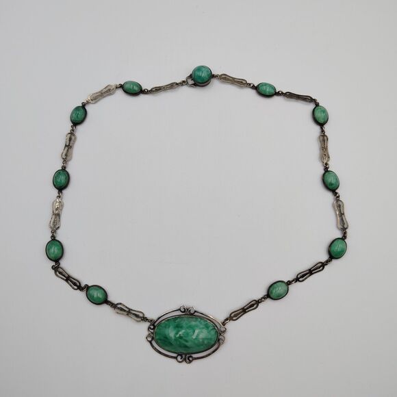 Vintage Sterling Silver 925 Green Pekin Glass Art Deco Necklace 16" - Picture 6 of 16